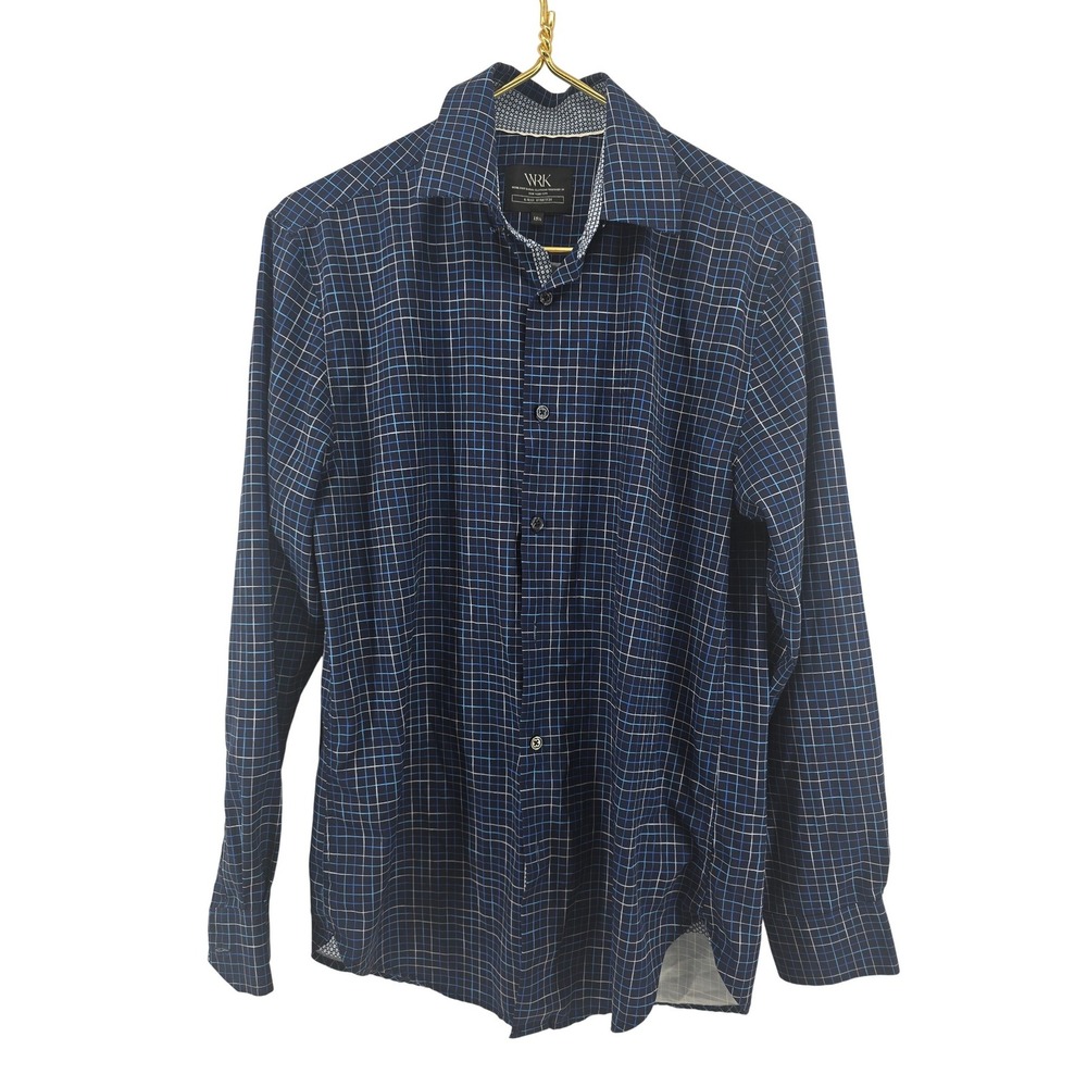 WRK Button Down Shirt Mens 15.5 Blue Grid 4-Way Stretch Performance Dress Shirt*